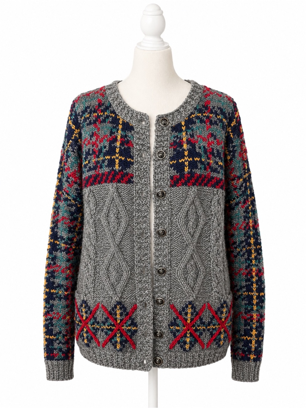 Vintage Northern Isles Hand Knit Cardigan Sweater L Gray Fair Isle Cottagecore